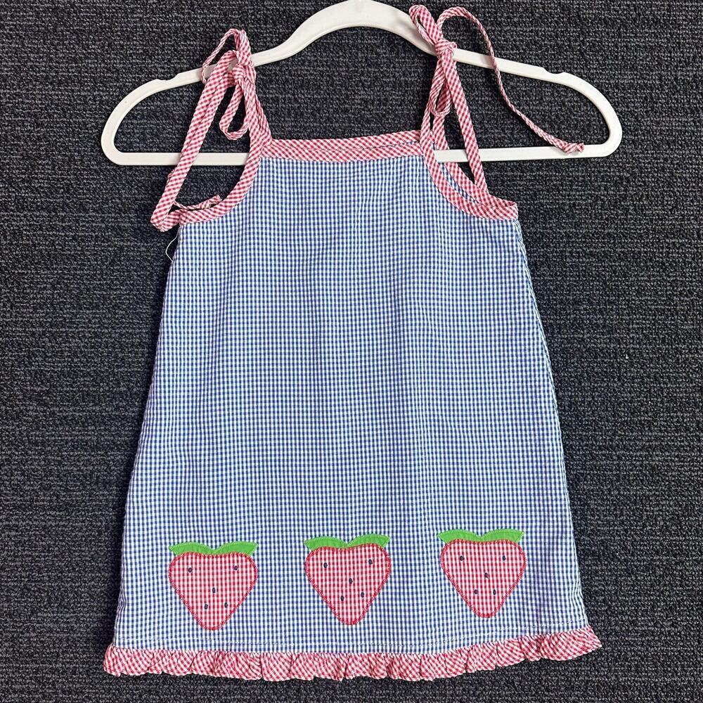 Vintage VTG Rags land Gingham Dress Blue Red Strawberry Girls Size 3/4